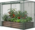 SUNYRISY Galvanized Raised Garden Bed with Protection Netting Outdoor Metal Planter Box with Plant Crop Cage Garden Box Protection for Gardening Vegetables Flowers Herbs Planting Wood Grain