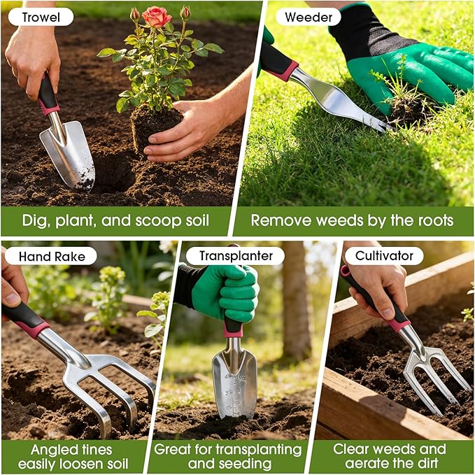 WOWBOX Garden Tools Set - 10 PCS Heavy Duty Gardening Hand Tools Kit with Storage Tote Rust-Resistant Gardening Supplies for Planting with Non-Slip Ergonomic Handle for Women and Men (Red)