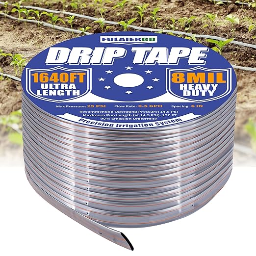 1640 FT 5/8 Inch Drip Tape 6 Spacing Roll 8 Mil Drip Irrigation Tape0.5 GPH/Hole Irrigation Tubing Hose Silver Anti-Bird Pecking Anti-UV Design for Garden Agricultural Irrigation Watering System