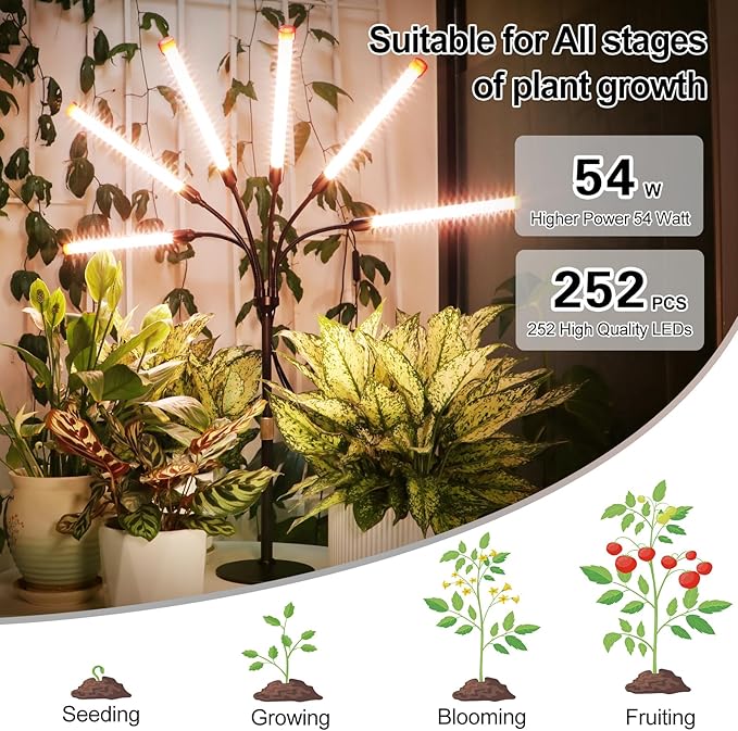 FECiDA 2026 6Head Table Top Grow Lights for Seed Starting Indoor Plants Bonsai 54 Watt Power Draw NO Need Adapter 4/8/12/16/20H Timer 16-24 Height Adjustable Big Coverage