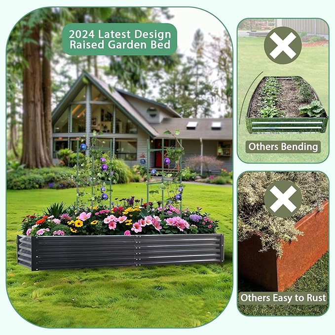 Metal Raised Garden Bed 8x4x1.5Ft Tall Outdoor Large Metal Galvanized Planter Boxes Kit for Vegetables Flowers and HerbsGarden Beds with 2Pcs Tomato Cage 1Pc GlovesBlack
