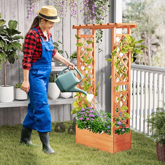 HAPPYGRILL Raised Garden Bed with Trellis Wood Elevated Garden Bed with Hanging Roof Planter Box Drainage Holes for Climbing Plants Flowers Vegetables 31 L x 14 W x 60 H