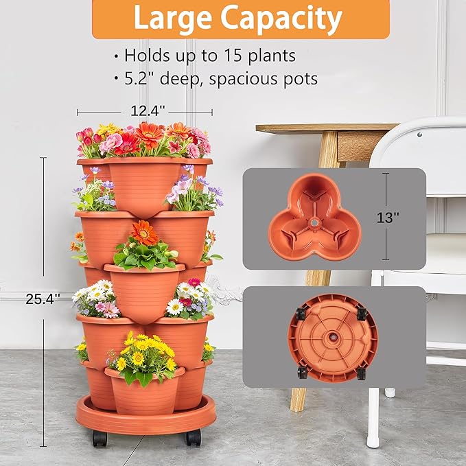VECELO 5 Tier Vertical Garden Planter Self Watering Stackable Planters with Wheels for Strawberries Herbs Flowers Vegetables Red