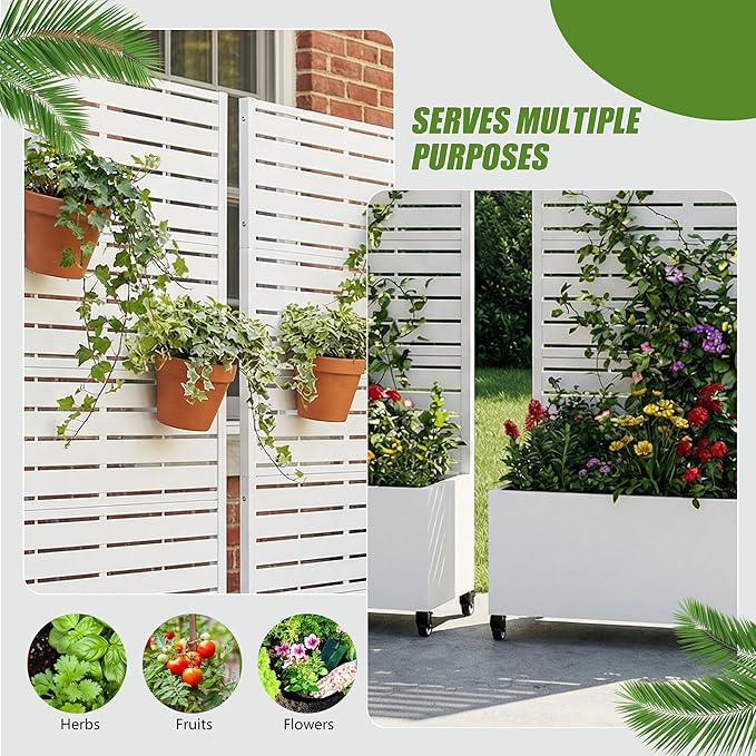 Casaphoria 72x35 Metal Raised Garden Bed with Trellis(2 Pack) Outdoor Planter Box with Wheels &amp Drainage Holes for Climbing Plants Flowers Elevated Garden Kit with Privacy Screen White-Louve
