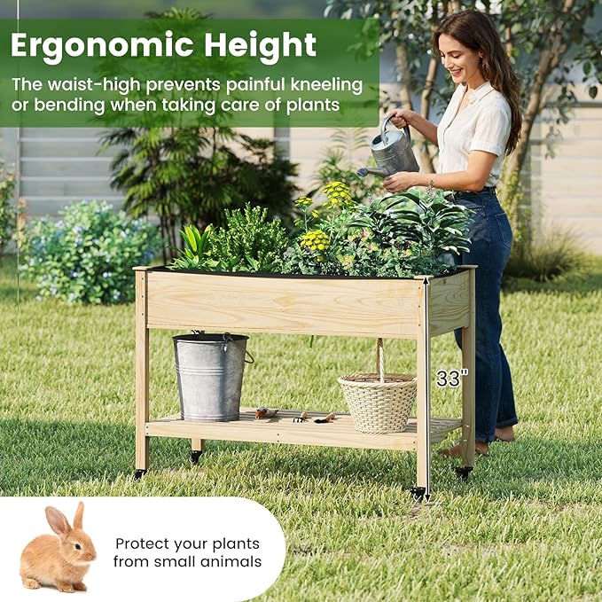 Raised Garden Bed with Legs Wood Raised Planter w/Lockable Wheels Drainage Holes &amp Storage Shelf Planter Box for Flowers Herbs Outdoor Balcony Backyard Natural 47 L x 23 W x 33 H