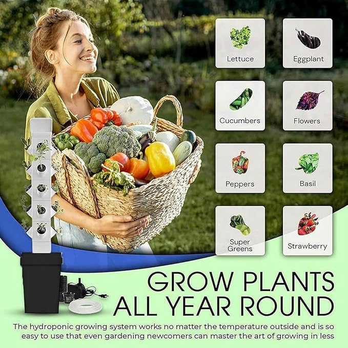 AMNOOL 12/16/20/24 Holes Garden Planter Hydroponics Tower Hydroponic Growing System Hydrating Pump +Timer + Adapterfor Herbs Net Pots Fruits Vegetables24Holes//1pc