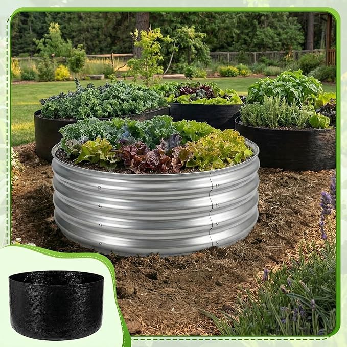 4 Pack 2 x 2 x 1 ft Round Fabric Galvanized Raised Garden Bed Liner Raised Garden Bed Liner Bag with Drainage Holes Heavy Duty Planter Pots Gardens Box for Outdoor Plants Growth Vegetables