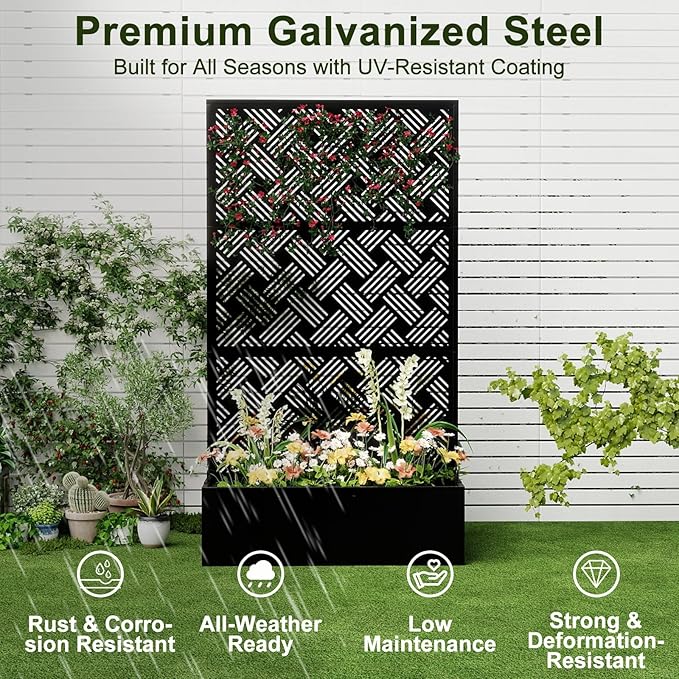 Metal Raised Garden Bed with Trellis Privacy Screen Planter Box for Climbing Plants 40 x 12 x 71 Inches Outdoor Standing Flower Bed with Drainage (Woven)