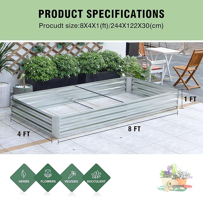 PayLessHere Galvanized Garden Bed 8x4x1FT Outdoor Raised Garden Bed for Vegetables Flowers and Herbs Planter Boxes Large Galvanized Steel Raised Bed Kit with Metal Pole Reinforcement Silver