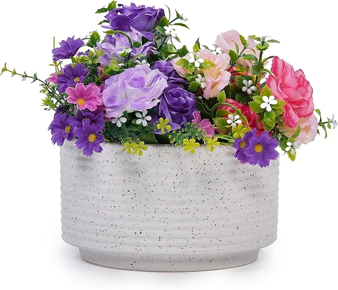 Handmade Ceramic Planter Set of 2 11 8 Diameter White with Vertical Ridges for Aquatic Plants IndoorOutdoor Shelf Table Use Breathable Non Porous Clay