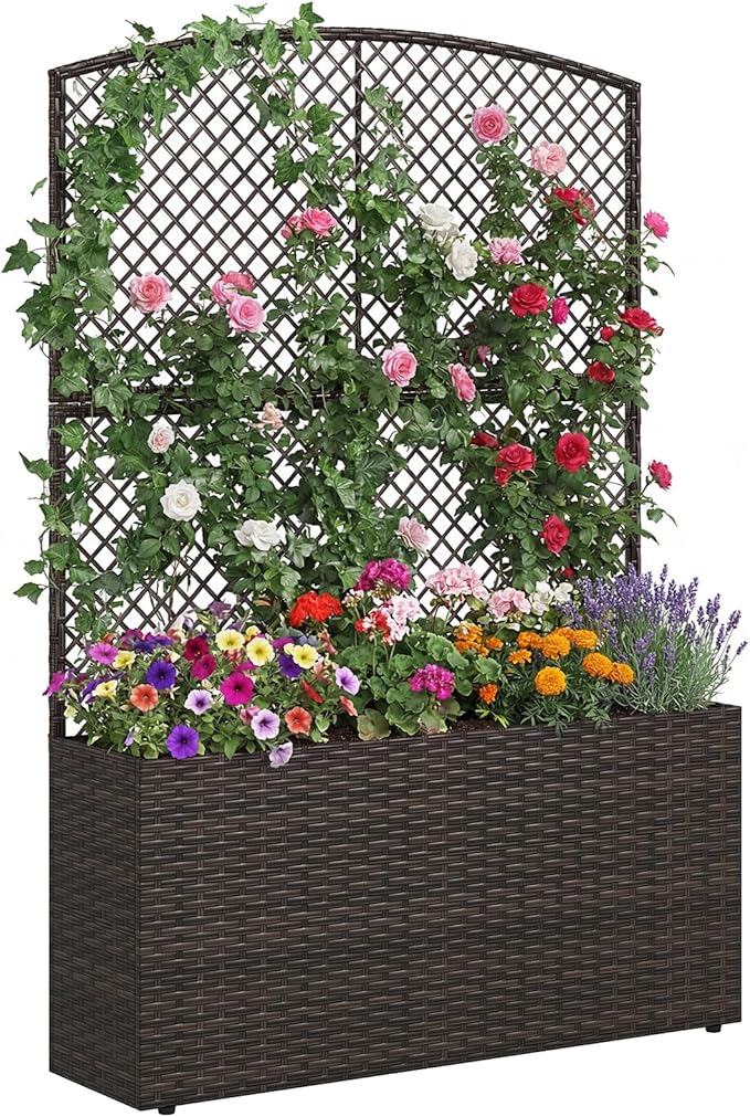 Byroce Raised Garden Bed PE Rattan Planter Box with Lattice Trellis Liner &amp Drainage Outdoor Standing Privacy Planter for Patio Balcony Climbing Plants &amp Hanging Flower (1 Brown 40” x 11”
