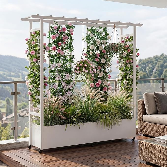 74 Mobile Planter with TrellisWeatherproof Vertical Raise Garden Bed with Trellis &amp Hanging Roof for Climbing PlantsFlowersVegetablesRust-Proof Metal Privacy Planter for Patio (White-B)