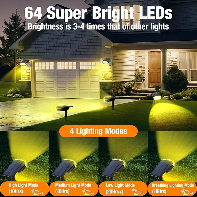 2 Pack Solar Spot Lights Outdoor 1000 Lumens 64 LEDs IP67 Waterproof Landscape Lighting with 4 Modes - 2-in-1 Solar Spotlight &amp Pathway Light for Garden Yard Patio Decor Warm White