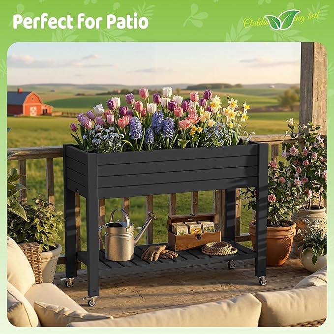 Vixzen Raised Garden Bed OutdoorReinforced Large Planter Box with Wheels &amp Storage ShelfMobile Planter Bed Box for Backyard Patio Balcony (Black 21Gal（43.31×17.72×33.66）)