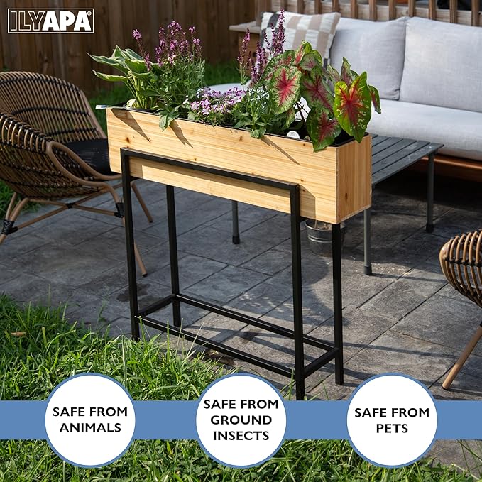 Ilyapa Raised Standing Planter with Legs Metal and Wood Elevated Planter Box 33x35.5x7 Indoor Outdoor Perfect for Living Room Front Porch
