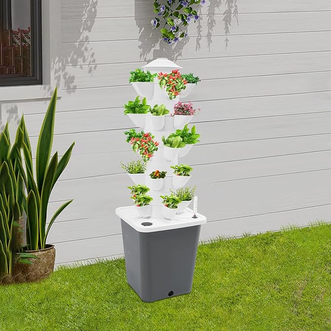 25 Plants Hydroponic Tower Hydroponics Growing System Vertical Garden Planter with Water Pump Plants Germination Kit for Indoor Herbs Vegetables Fruits (Grey)