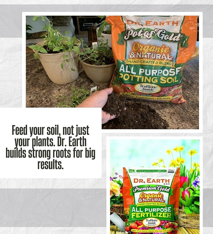 Dr. Earth Organic Fertilizer Flowers/Fruits/Vegetables Bundle with Organic All Purpose Potting Soil + Work Gloves – Gift Set (3 Items)