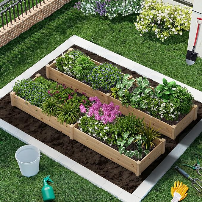 Crownland Outdoor Gardens 8 ft Raised Garden Bed Wooden Patio Raised Beds Backyard Elevated Planter Box Grow Vegetables Fruits Herb Yard Fast Easy Assembly