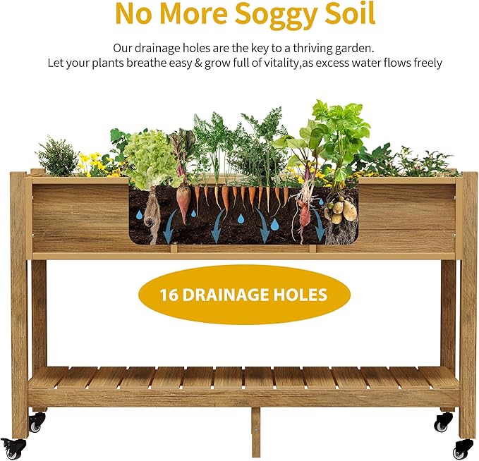 DWVO 47x18x31in Raised Garden Bed Outdoor HDPE with Legs and Lockable Wheels Weather-Resistant Poly-Wood Elevated Planter Box Herb Garden Bed for Backyard Patio Balcony Brown