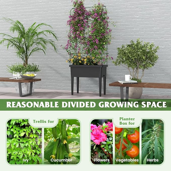 Happygrill Raised Garden Bed with Trellis 4 in 1 Self-Watering Planter w/Water Level Observer Drainage Holes Climbing Net &amp Detachable Legs Garden Cucumber Planter for Vegetables Flowers