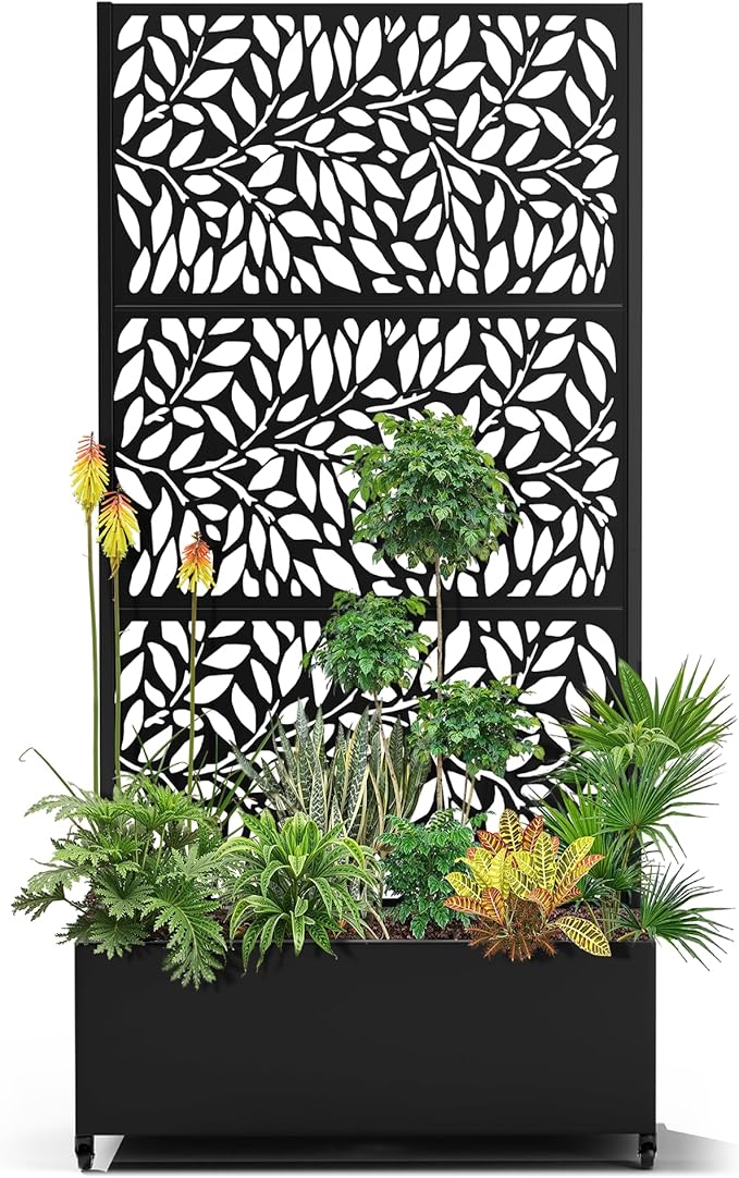 15.7×70.9×35.4 Metal Raised Garden Bed with Trellis and Wheels - Tall Trellis Planter Box for Climbing Plants Vegetables &amp Vines - Outdoor Privacy Planters for Patio (Black)