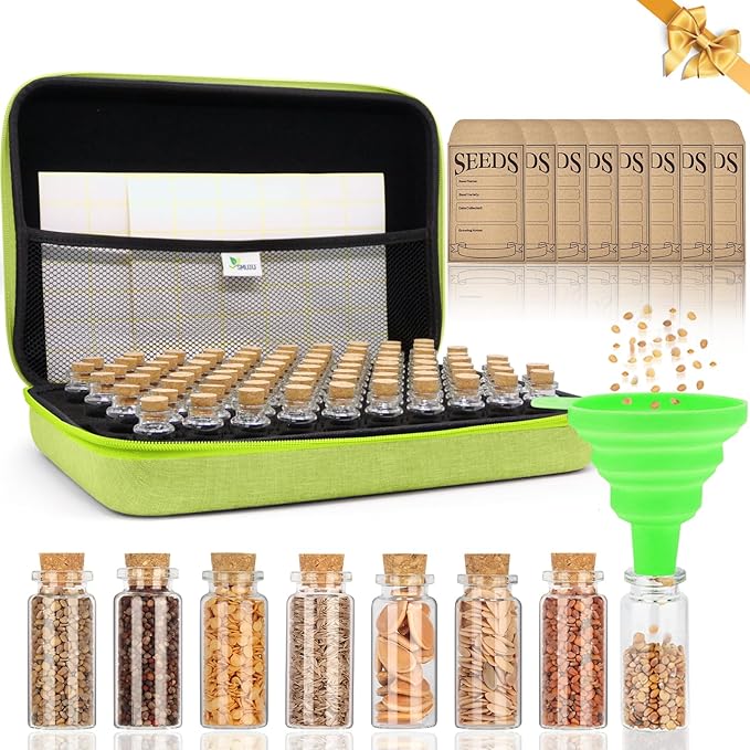 80 Slots Seed Storage Organizer with 40 Seed Envelopes Sturdy Organizer Storage Box with Label Stickers Glass Container for Flower Vegetable Garden Seed Saving (Seeds not Included)