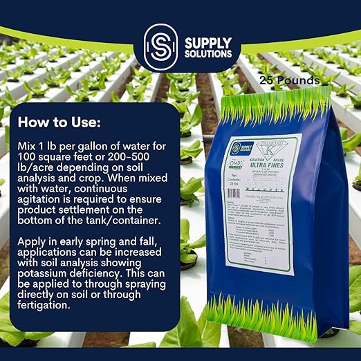 Supply Solutions Sulfate of Potash 0-0-50 - Organic Potash Fertilizer - Suitable for Fertigation Drip Systems Foliar Hydroponics Greenhouse Use - Ideal for Flowers Fruits Gardens (25 Pounds)