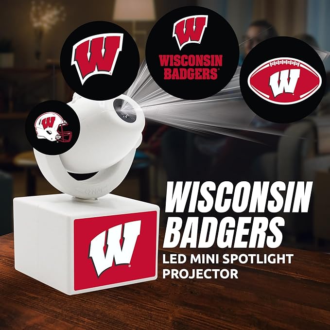 Sporticulture NCAA American Football Wisconsin - Adjustable Led Mini Spotlight Projector with 6 Team Logo Designs - Portable &amp Rechargeable Spotlight - Battery-Operated - 4.375” x 3.125”
