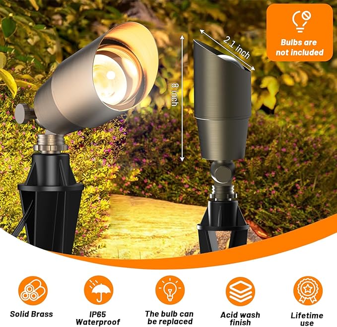 ZONEGRACE Solid Brass Outdoor Uplights &amp Accent Light Fixtures Heavy Duty 12V Low Voltage LED Landscape Lighting Bronze Wired Spotlight for GardenLawnPatio and Yard Without LED Bulb (4 Pack)