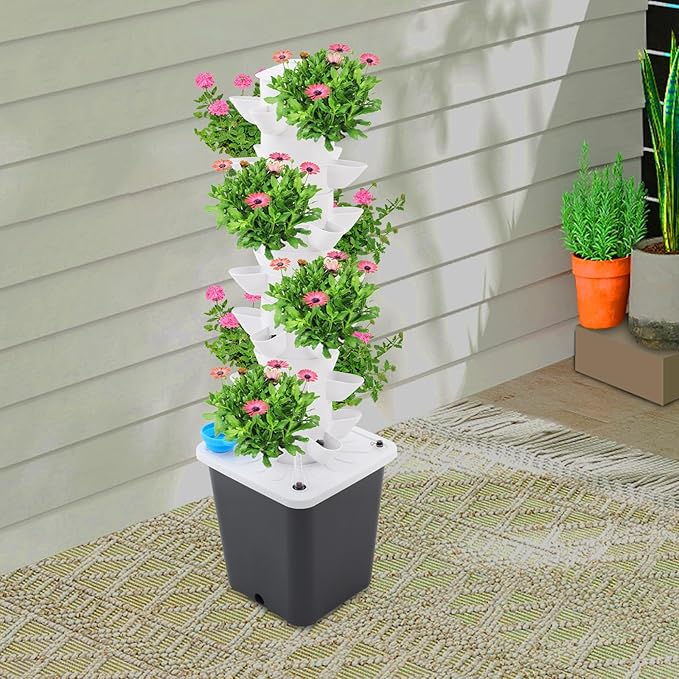 Hydroponic Growing Tower - 7-Tier Vertical Indoor Garden with 35 Planting Holes Automatic Water Circulation &amp Brushless Pump for Vegetables Fruits Herbs (Gray)