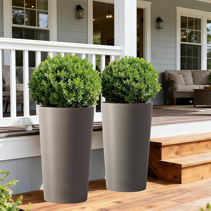 2 Pack Tall 21.7 in for Outdoor Plants Tall Square Planter Box Indoor Outdoor Porch Patio Flower Pot Big Tapered Matte Tree Flower Pot for Garden (Brown)