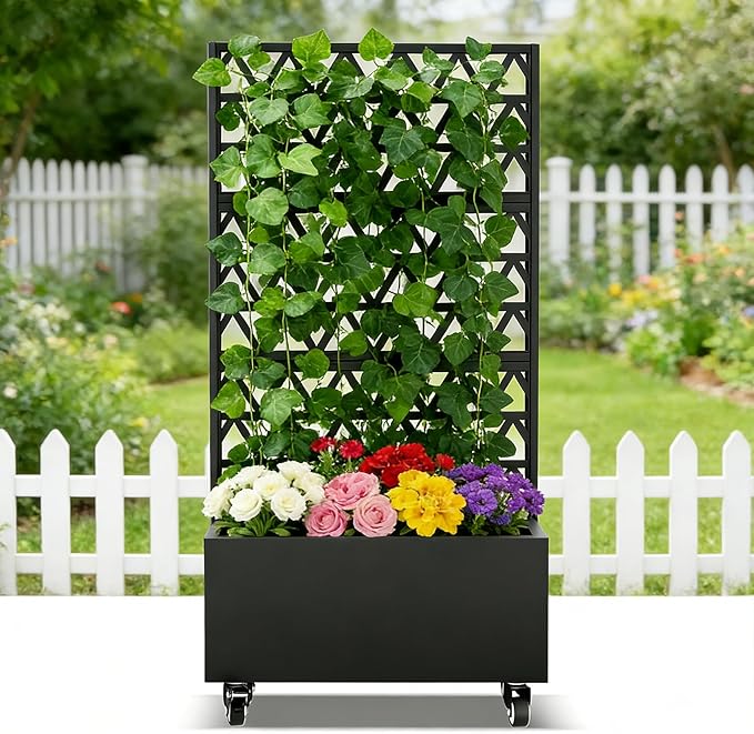 Sturdy 47 Metal Planter Box with Trellis on Wheels Galvanized Steel Raised Garden Bed Privacy Screen 71 Tall Mobile Vertical Garden Planter for Patio Outdoor Climbing Plant Support Black