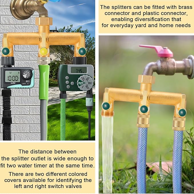 EBH Brass Garden Hose Splitter 3 Way Outdoor Faucet Splitter 3 Long Metal Handle and Individual On/Off Valve GHT 3/4-Inch Heavy Duty Hex Female Inlet and 3/4-Inch Male Outlet