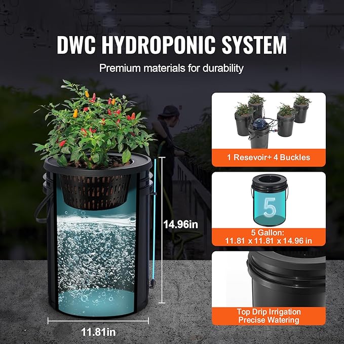 Happybuy RDWC Hydroponics Grow System Recirculating Deep Water Culture Kit 4 Buckets &amp 1 Reservoir with Top Drip Air Pump Water Level Device for Leafy Vegetables