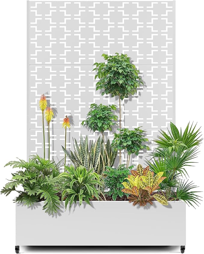 15.7×70.9×47.2 Metal Raised Garden Bed with Trellis and Wheels - Tall Trellis Planter Box for Climbing Plants Vegetables &amp Vines - Outdoor Privacy Planters for Patio (White-Square)