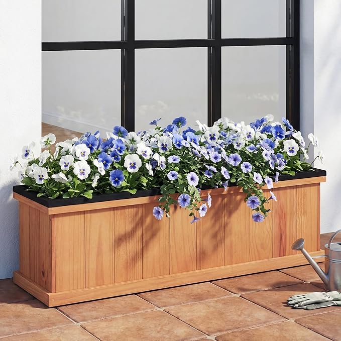 Giantex Outdoor Raised Garden Bed Set of 2 40” x 13” x 12” Pine Wood Planter Box w/ 3 Drainage Holes Removable Bottom &amp Bed Liner Rectangular Flower Container for Vegetables Herbs Indoor &amp