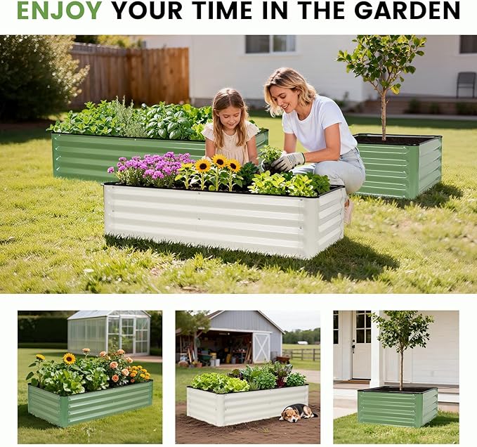 INNO STAGE Galvanized Raised Garden Bed Kits 4x2x1ft Metal Raised Garden Beds Outdoor Steel Raised Planter Bed with Gloves for Vegetables &amp Flowers Patio Ground Planter Box (Olive Green 2PCS)