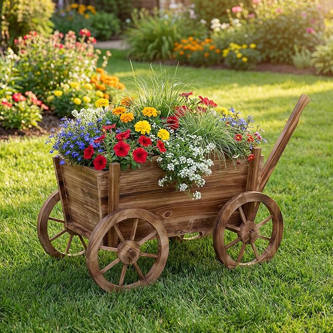 HAPPYGRILL Wood Wagon Wheelbarrow Planter Outdoor Rolling Garden Planter Cart with 4 Wheels Drainage Hole &amp Adjustable Handle Decorative Wagon Flower Pot Stand for Home Backyard Patio(1)