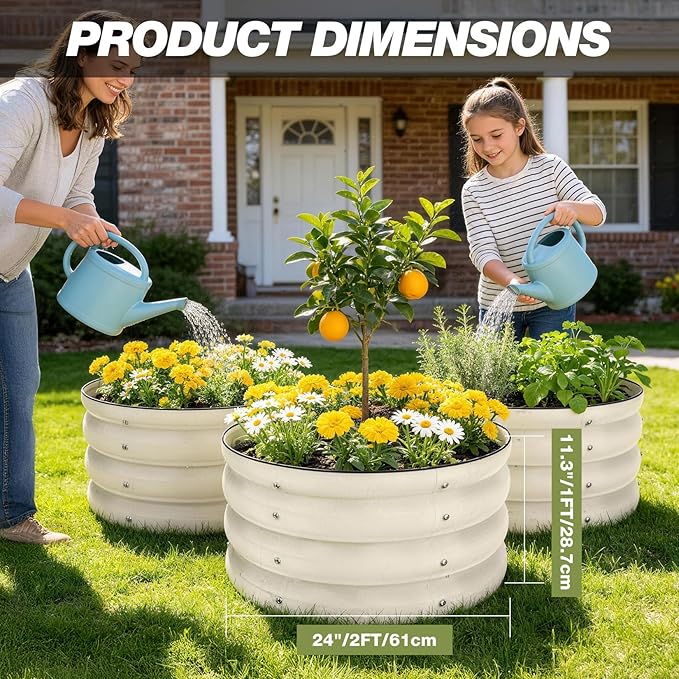 SHALL 8PC Galvanized Raised Garden Bed Kit 3Pc 2x2x1ft Round Planter Boxes Outdoor W/Mini Seed Spreader Disk Seeder 2X Seeding Transplanters Protective Gloves for Flowers Fruits Vegetables Herbs