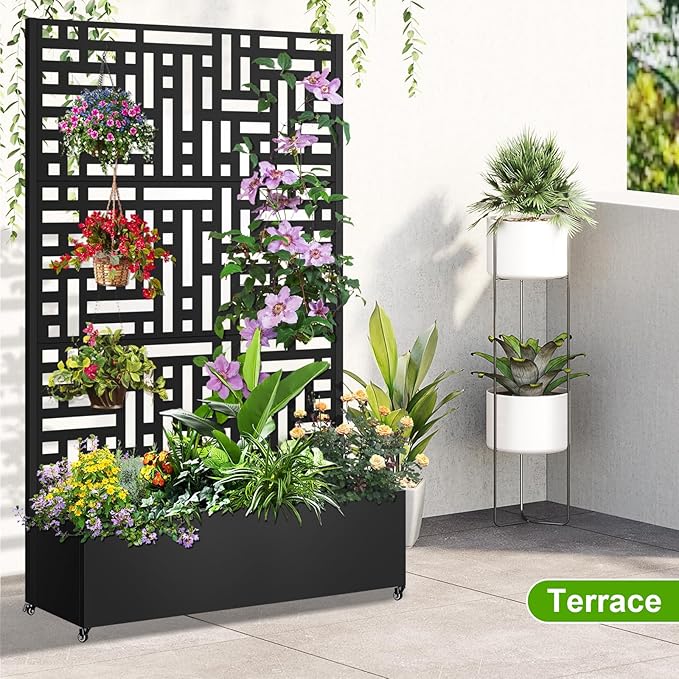 Metal Planter Box with Trellis 72x47x16 Metal Raised Garden Bed with Trellis Trellis Planter Box with Drainage Holes &amp Lockable Casters for Climbing Plants Vegetables and Vines