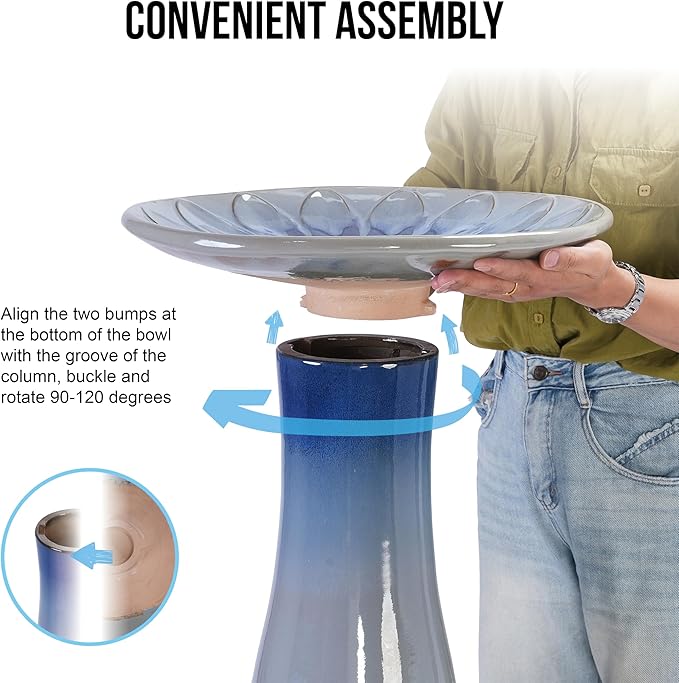 17'' Ceramic Bird Bath for Outside Elegant Tall Outdoor Bird Bath Lightweight Pedestal Glazed Birdbaths for Outdoors with Floral Pattern Blue Ombre