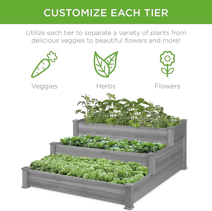 Best Choice Products 3-Tier Fir Wood Raised Garden Bed Planter Kit for Plants Herbs Vegetables Outdoor Gardening w/Stackable &amp Flat Arrangement Easy Assembly - Gray
