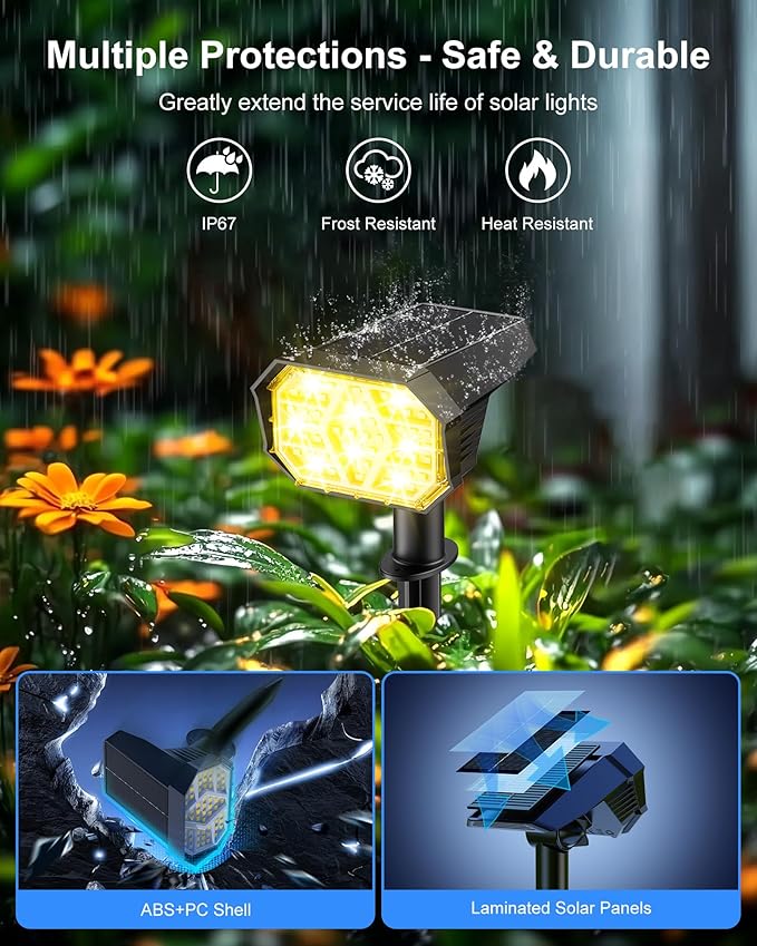 Brightown Solar Lights Outdoor with 58 LED &amp Auto ON/Off IP67 Solar Spot Lights Outdoor with 3 Light Intensities. 2-in-1 Outdoor Solar Lights for Yard Gardens Flag and Pathways. 4Pcs (Warm Whit