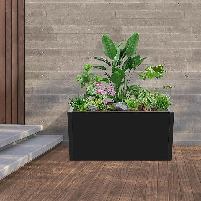 25 L x12 W x12 H Metal Flower Boxes Planter Boxes Outdoor Raised Garden Bed Indoor Outdoor Planting Bed Black Rectangle Planter Box for Patios Lawn Yard Decor Storage