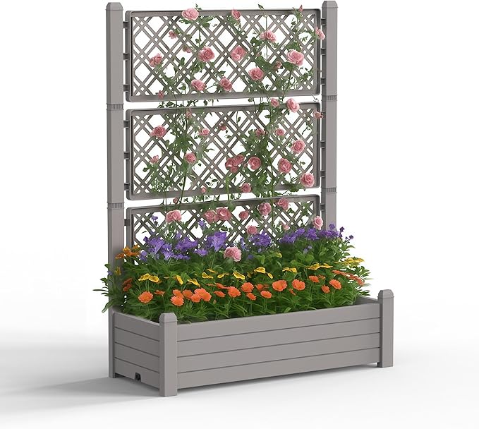 Raised Garden Bed with Trellis for Climbing Plants 43.43 L x 18.27 W x 59.29 H Self Watering Planter Box with Drainage Holes for Outdoor Backyard Patio Balcony Anti-Rust Resin (Grey)