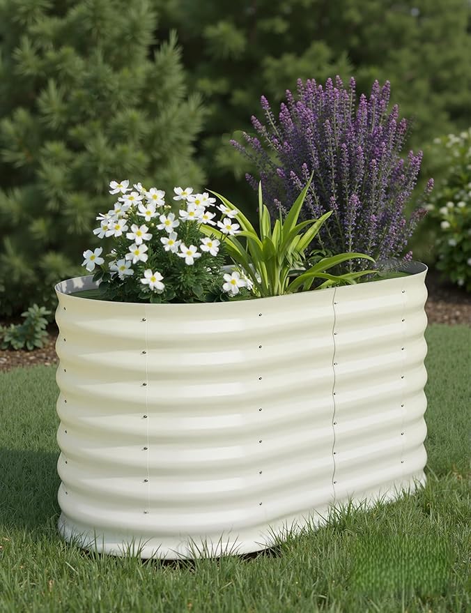 GarveeLife Galvanized Raised Garden Bed Outdoor 2 Pcs 4x2x2 ft Oval Metal Planter Box for Flowers Vegetables Herbs- Beige