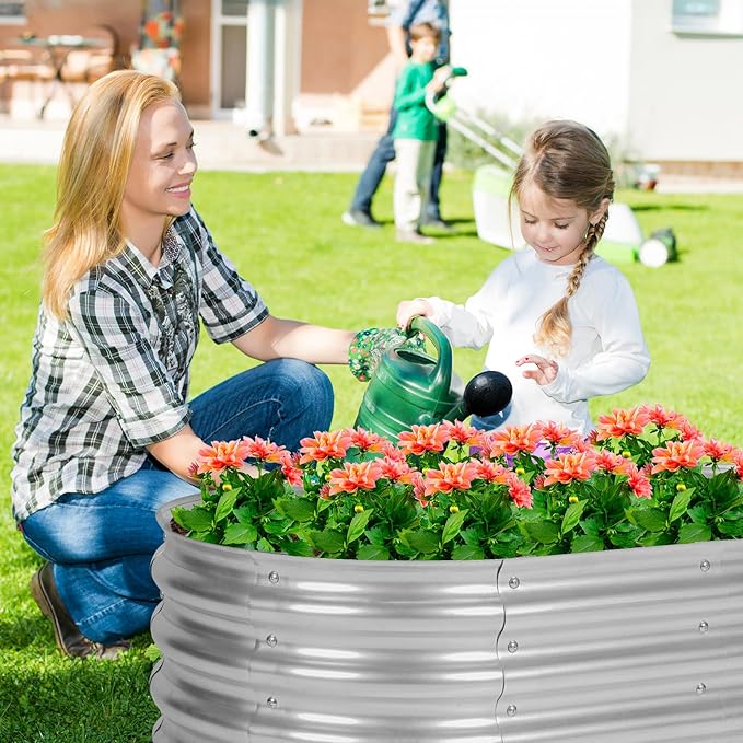 2 Pack 3 x 2 x 1 Ft Galvanized Raised Garden Bed Kit Outdoor Oval Planter Box for Vegetables Flowers Herbs Deep Rooted Silver