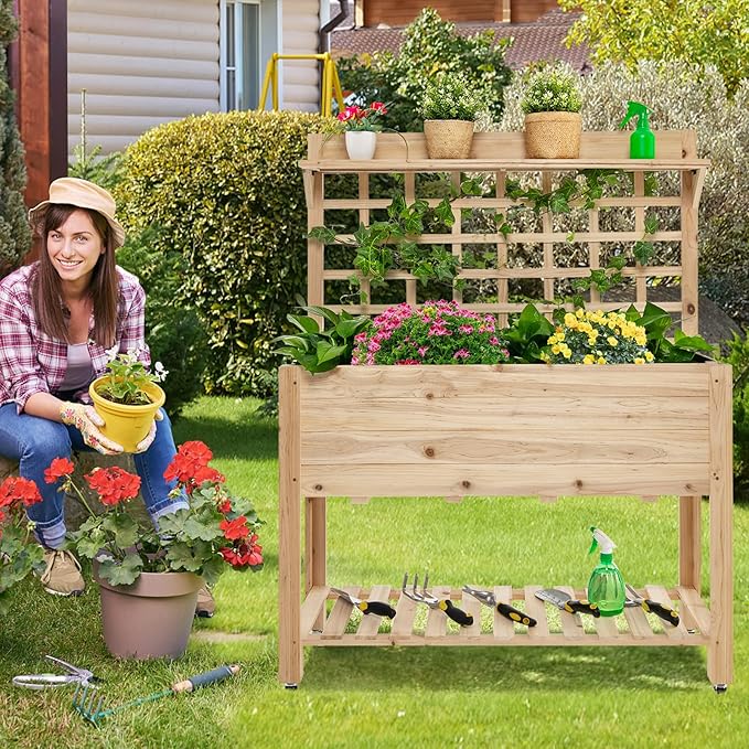 S AFSTAR Raised Garden Bed with Trellis 41.5x16x54in Mobile Elevated Planter Box with Wheels Bed Liner Top/Bottom Storage Shelves Freestanding Wood Planter Stand for Garden Patio Balcony