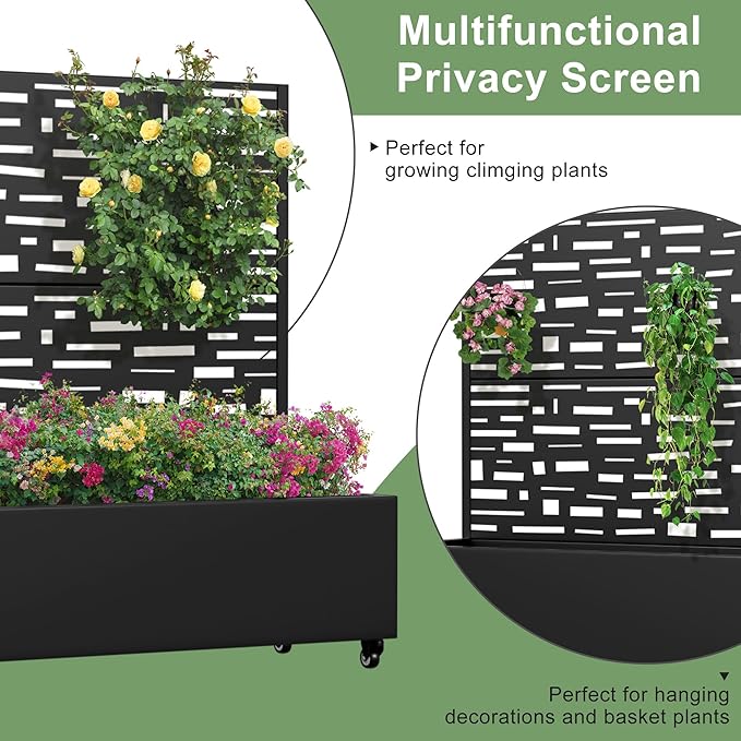 Casaphoria Metal Raised Garden Bed with Trellis and Wheels 47x47x16 Planter Box for Climbing Plants Vegetables &amp Vines Features Drainage Holes and Privacy Screen (Black-Gerald)