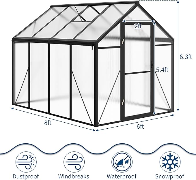 6X8 FT Outdoor Polycarbonate Greenhouse Sturdy Aluminum Frame Adjustable Roof Vent Ideal for Backyard Patio or Garden All-Weather Green House for Growing Plants and Vegetables